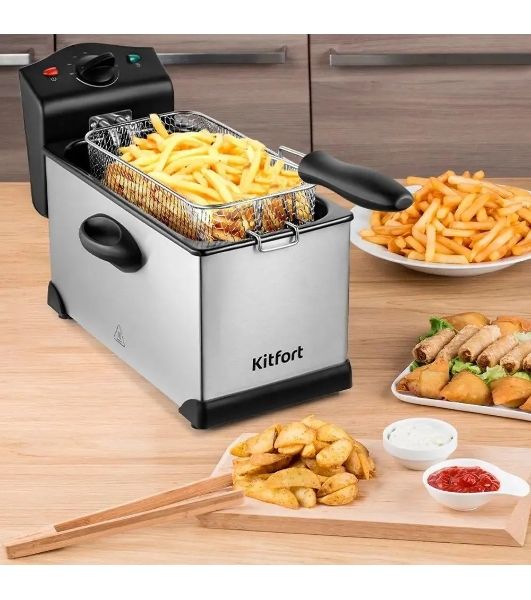 Фритюрница Kitfort KT-4051 серебристый/чёрный, 2000 Вт, 3 л, 1 кг, съёмная чаша