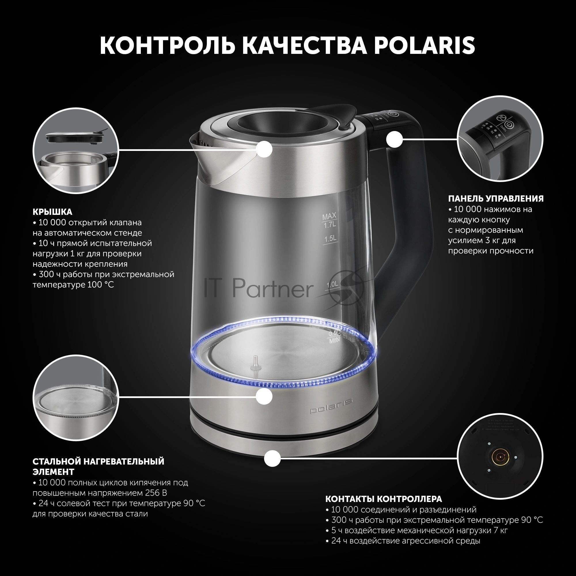 Чайник электрический POLARIS PWK1725CGLD WIFI IQ Home, 1,7 л, 2200 Вт, стекло