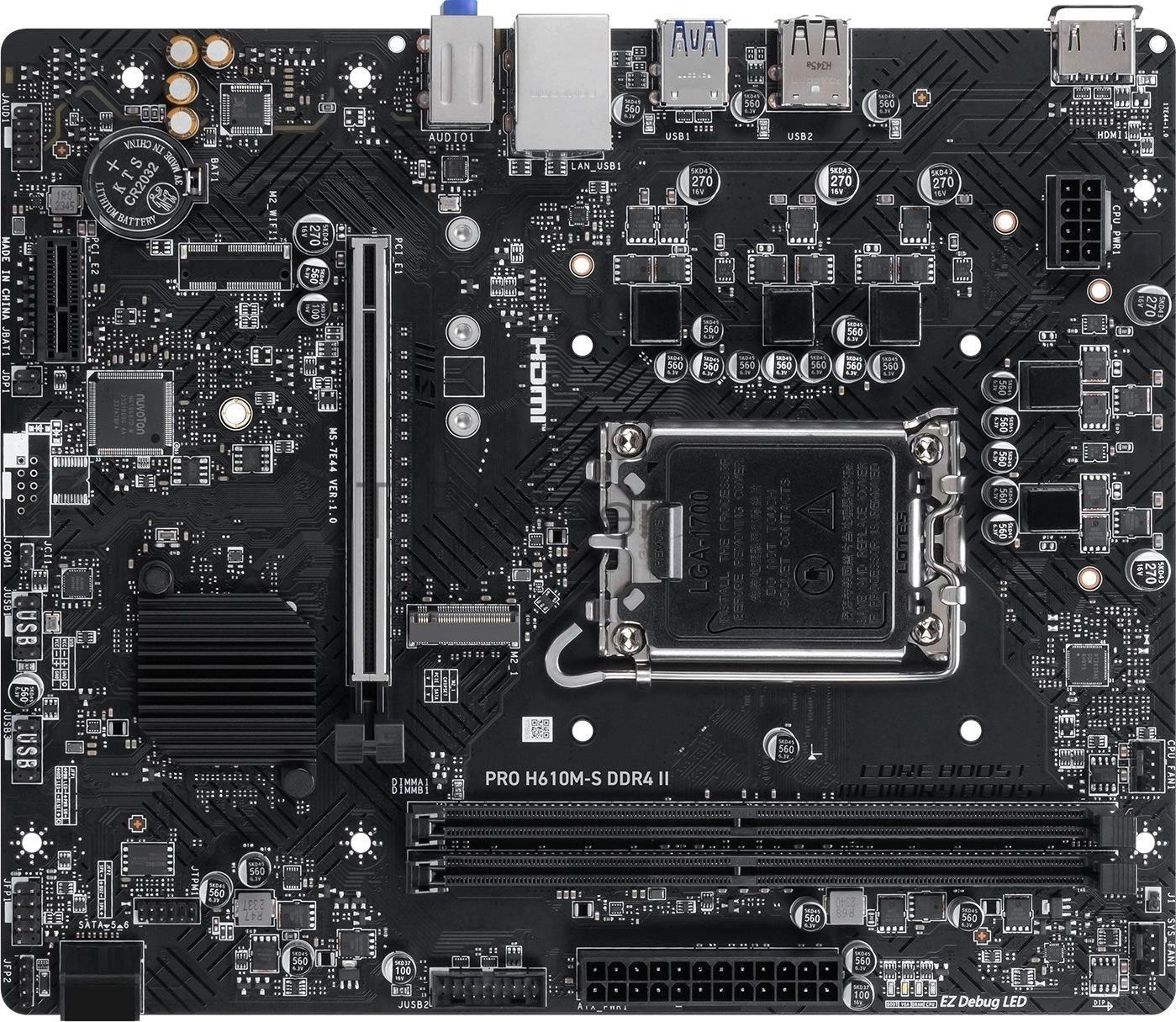Материнская плата MSI PRO H610M-S DDR4 II, LGA1700, Intel H610, 2xDDR4, 2xSATA, 1xM.2 PCIe 3.0, 1xPCIe 4.0 x16, 1xPCIe 3.0 x1, 1xHDMI, 1x 1Gb LAN, 2xUSB 3.2 Gen1, 4xUSB 2.0, 3x3.5 мм, 7.1, microATX