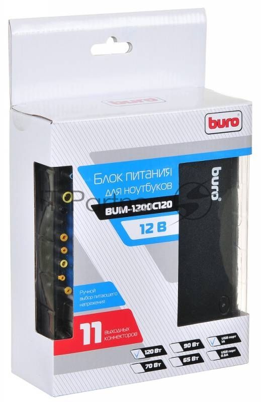Блок питания Buro BUM-1200C120 ручной 120W 15V-24V 8-connectors 6A 1xUSB 1A от прикуривателя