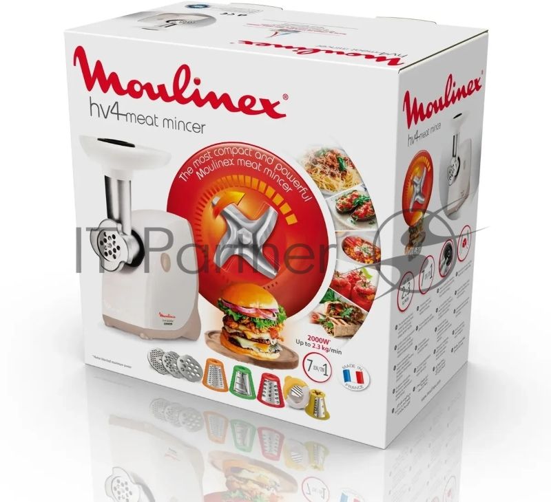 Мясорубка электрическая Moulinex ME476132 белый/бежевый, 2000 Вт, 2.3 кг/мин, защита от перегрузки, насадки - 9