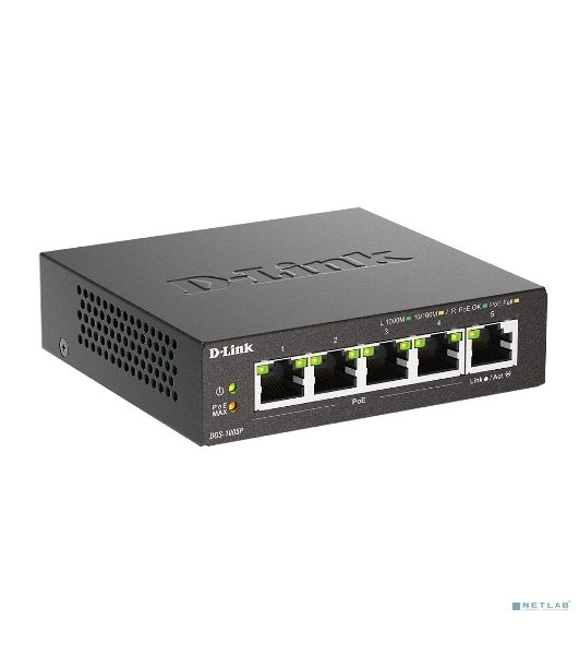 Неуправляемый коммутатор D-Link DGS-1005P/L (ревизия A1) с 5 портами 10/100/1000Base-T (4 порта PoE 802.3af/at, PoE-бюджет 60 Вт)