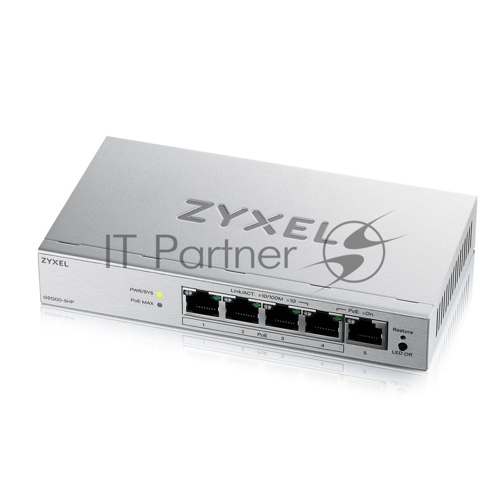 Коммутатор ZYXEL GS1200-5HPV3-EU0101F, 5×1 Гбит/с, 4×PoE+, 68 Вт, управляемый