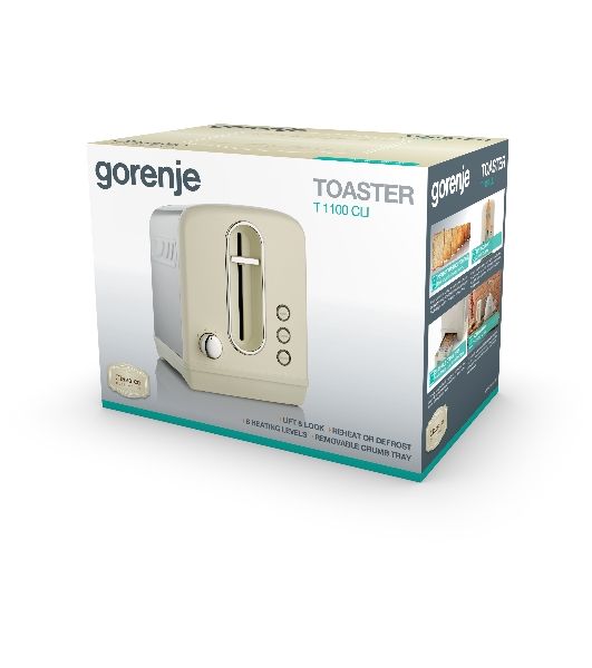Тостер Gorenje T1100CLI бежевый/серебристый, 950 Вт, 2 слота