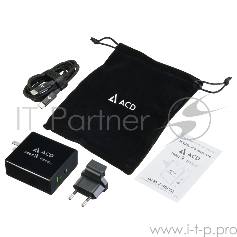Сетевое зарядное устройство ACD-P602W-V1B 60Вт, 2xUSB 1PD+1QC, 3.6~20В/3А RTL