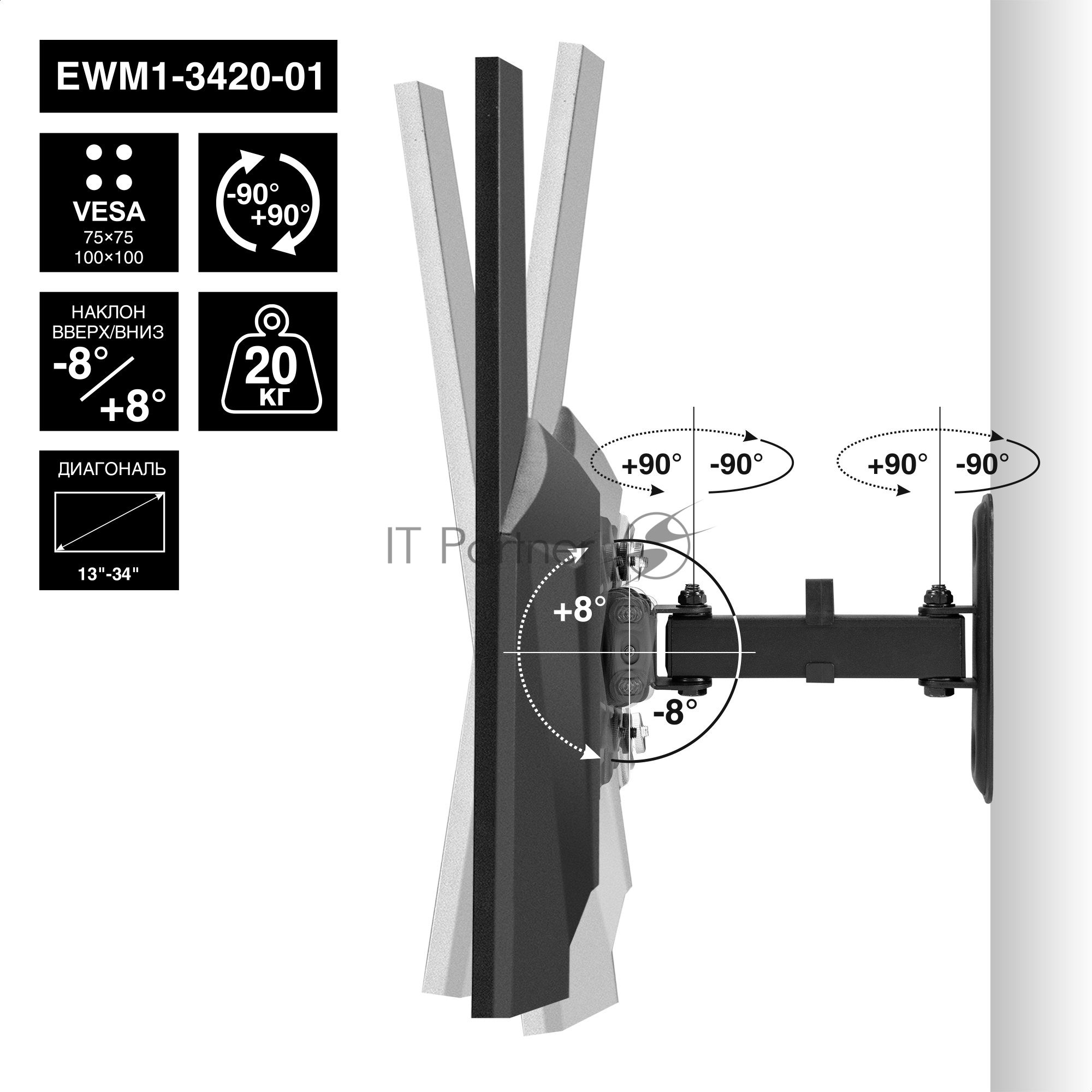 Крепление настенное ExeGate EWM1-3420-01 (кронштейн для одного монитора 13"-34", VESA 75x75, 100x100, макс. нагрузка 20 кг, наклон -8°/+8°, поворот -90°/+90°, расстояние до стены 65-190мм, черный)
