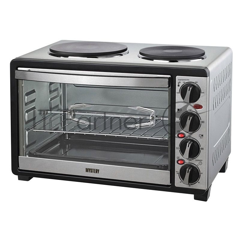 Мини-печь Mystery MOT-3330 (нержавеющая сталь, 1500 Вт, 2 конфорки, гриль, съемный вертел)