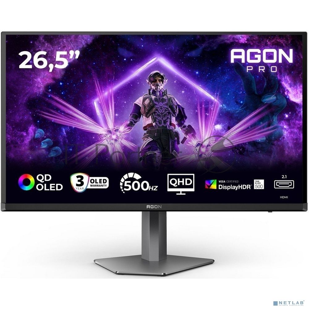 Монитор 26.5" AOC AGON AG276QKD2 QD-OLED 2560x1440, 500 Гц, 0.03 мс, 16:9, 1000 кд/м² (пиковая), DisplayHDR True Black 500, 2×HDMI 2.1, DP 2.1, USB Hub (2×USB-A 3.2 Gen1), 3.5 Jack, динамики (2×5 Вт), Adaptive-Sync, антибликовое покрытие, черно-серый