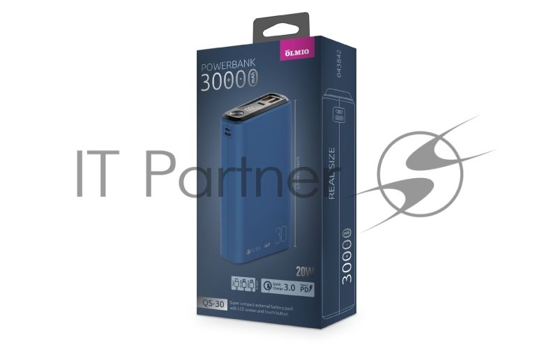 Портативный аккумулятор OLMIO QS-30, 30000mAh, 22.5W, QuickCharge3.0/PowerDelivery, LCD, темно-синий