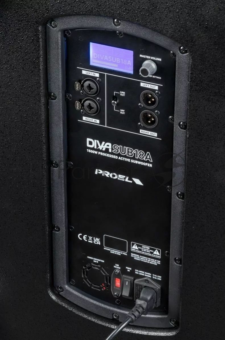 Активный сабвуфер PROEL [DIVASUB18A] НЧ динамик 18", встроенный DSP, LCD дисплей, АЧХ 35-160 Гц, мощность пик. 1500 Вт, мощность номин. 750 Вт, макс. SPL 132 дБ, 2x Combo XLR/TRS входа, 2x XLR выхода, материал корпуса фанера, ручки для переноски 2 шт.
