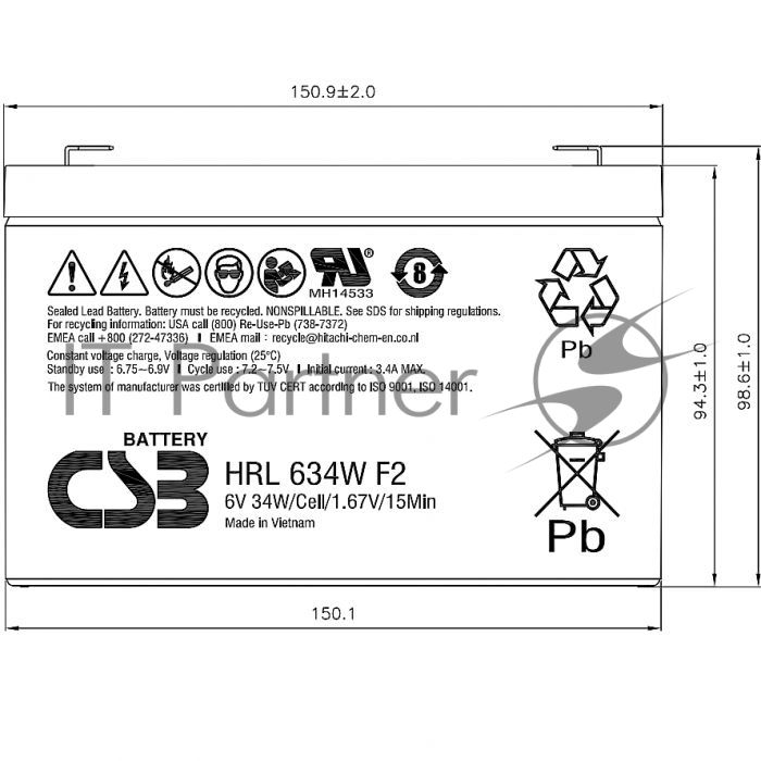 Аккумулятор 6V 9Ah CSB HRL634W (HRL634WF2FR) клеммы F2, огнеупорные
