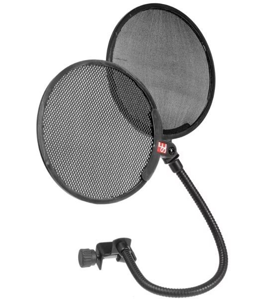 Поп фильтр sE Electronics Dual Pop Filter состоит из двух частей, первая часть изготовлена из прочной глянцевой ткани со стандартной тканевой мембраной и вторая металлическая на шарнирном механизме
