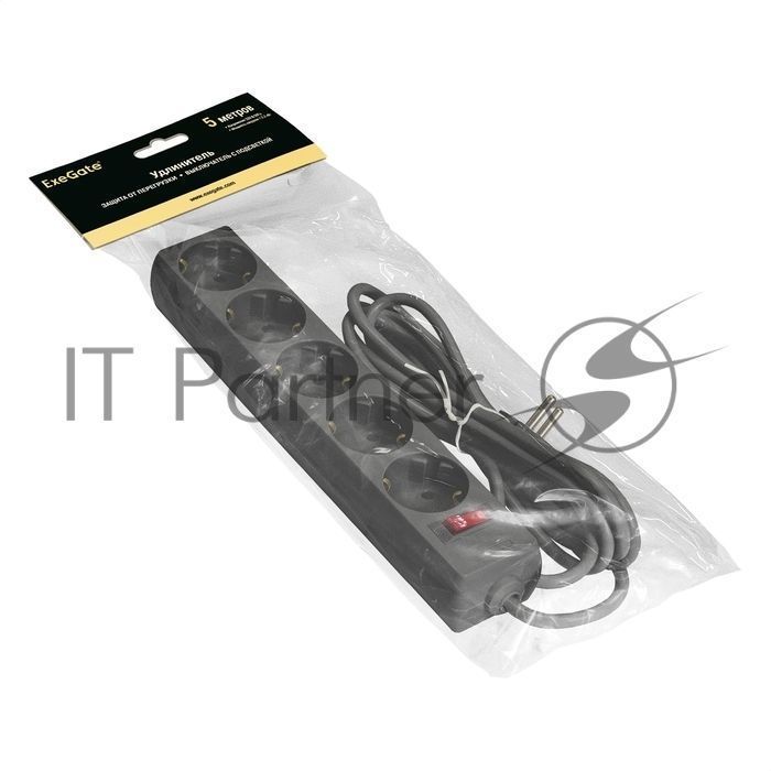 Удлинитель ExeGate EC-5-5B (EX279358RUS), черный, 5 м, евровилка с заземлением, 5 евророзеток с заземлением, 2200 Вт