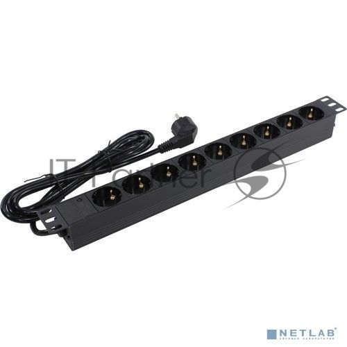 Блок розеток горизонтальный ExeGate ServerPro PDU-19H904 Al-9S-EU2.5, 19", 1U, Алюминий, 9 Schuko, кабель с евровилкой VDE-250V-16A-3*1.5мм2, 2.5 метра, черный