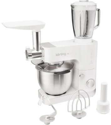 Кухонная машина Korting KKM 0105 Polar мощность 1200 Вт, 7 насадок (планетарный миксер с 3-мя насадками, мясорубка, насадка для колбас, насадка для кеббе, насадка-блендер), объем чаши 5.5 л, 8 скоростей, импульсный режим, механическое управление, белый