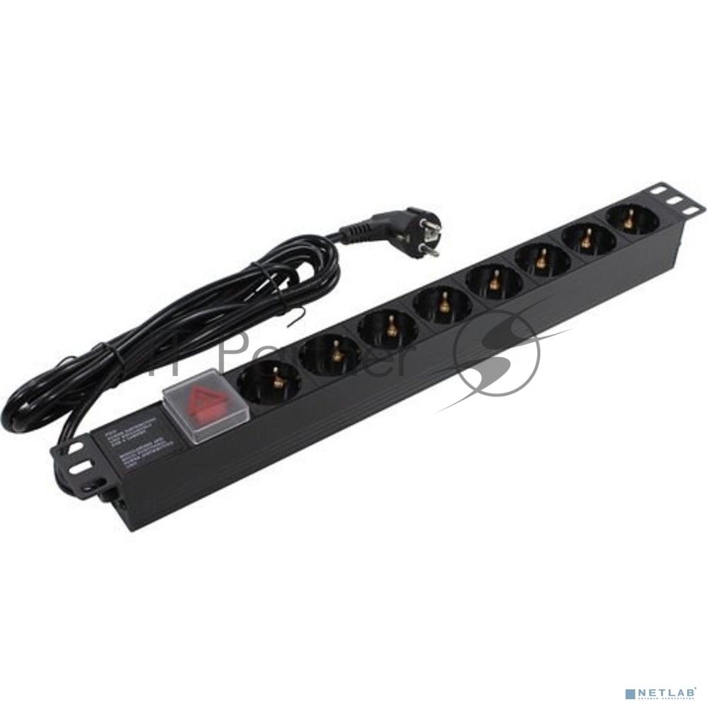 Блок розеток горизонтальный ExeGate ServerPro PDU-19H805 Al-8S-EU3-SW, 19", 1U, Алюминий, 8 Schuko, кабель с евровилкой VDE-250V-16A-3*1.5мм2, 3 метра, выкл. с подсветкой, черный