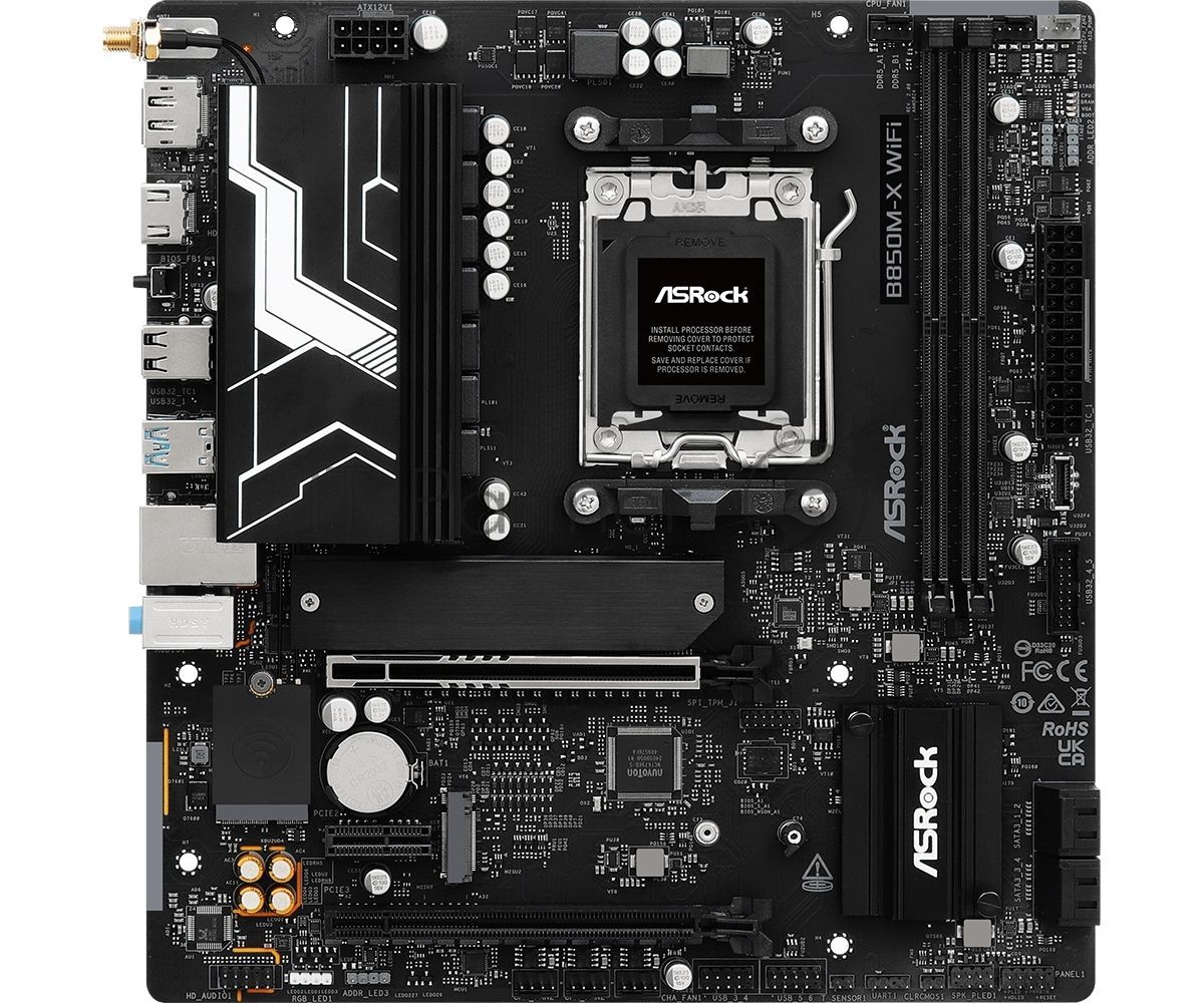 Материнская плата ASROCK B850M-X WIFI R2.0, AM5, AMD B850, 2xDDR5, 4xSATA, 2xM.2, 1xPCIe 5.0 x16, 1xPCIe 4.0 x4, 1xPCIe 3.0 x1, 1xDP, 1xHDMI, 1x2.5Gb LAN, Wi-Fi 6E, BT 5.2, 1xUSB-C 5Gbps, 3xUSB-A 5Gbps, 2xUSB-A 2.0, 3x3.5 мм, 7.1, mATX