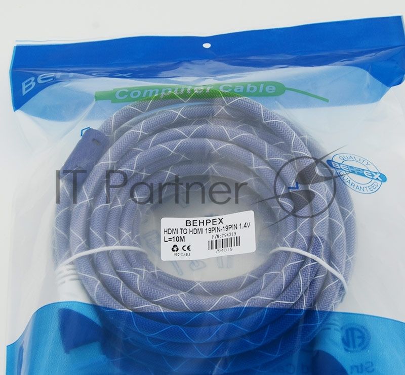 Кабель HDMI Ver.1.4 Blue/белый jack HDMI19 (m)/HDMI19 (m) 10м феррит.кольца позолоченные контакты