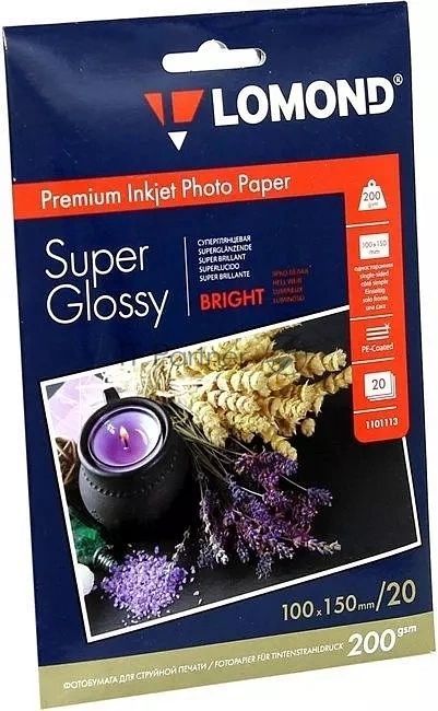 Фотобумага ПРЕМИУМ для стр.печати Lomond 200 г/м2 одностор.Super Glossy Bright 10х15 см (20 л)