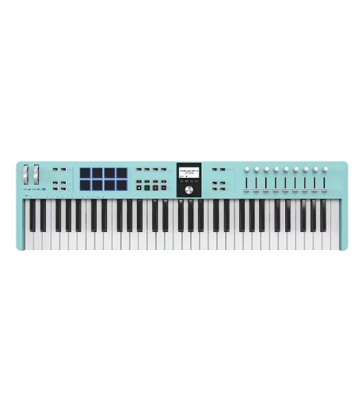 Клавиатура MIDI 231534 Arturia KeyLab Essential 61 mk3 Aquamarine 61 клавиша, LCD дисплей, 9 энкодеров, 8 пэдов, 9 фейдеров, 12 кнопок управления, колеса высоты тона и модуляции, 1/4" Jack вход для педали, MIDI выход, Type-C