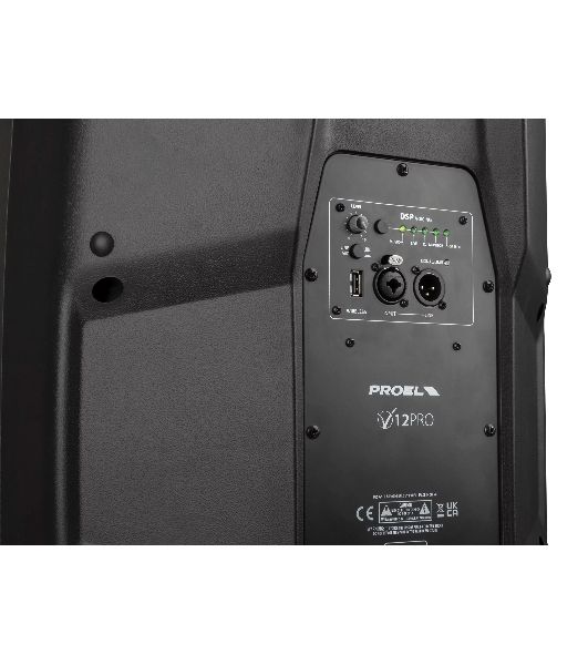 Активная акустическая система PROEL V12PRO 2-х полосная, НЧ динамик 12", ВЧ динамик 1", DSP, мощность пик./ном. 600/300 Вт, АЧХ 50-20000 Гц, макс. SPL 124 дБ, Combo XLR/TRS мик./лин. вход, XLR лин. выход, USB-A порт для радиосистем U24B/U24H
