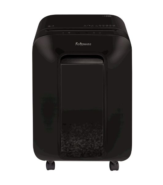 Шредер Fellowes PowerShred LX200 черный (секр.P-4)/перекрестный/12лист./22лтр./скрепки/скобы/пл.карты
