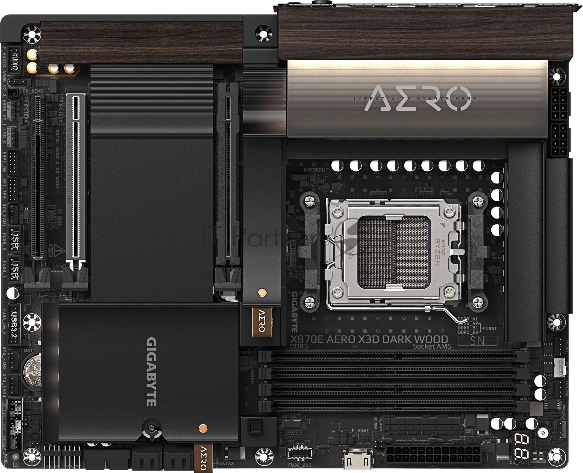 Материнская плата Gigabyte X870E AERO X3D DARK WOOD, AM5, AMD X870E, 4xDDR5, 4xSATA 6Gb/s, 4xM.2, 2xPCIe 5.0 x16, 1xPCIe 4.0 x4, 1xHDMI, 2x5Gb LAN, 3xUSB Type-C, 5xUSB 3.2 Gen 2, 3xUSB 3.2 Gen 1, 2x3.5 мм, 7.1, ATX