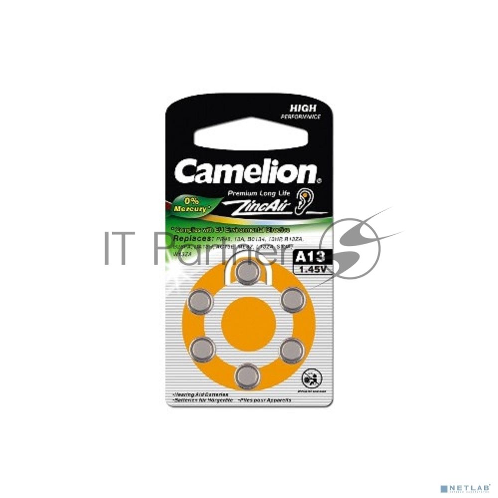Батарейка для слуховых аппаратов Camelion ZA13 BL-6 Mercury Free (0%Hg), 1.4 V,280mAh)