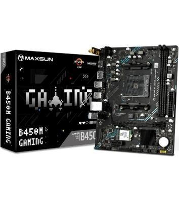 Материнская плата Maxsun B450M GAMING WIFI, AM4, AMD B450, 2xDDR4 (до 64 ГБ), 2xSATA, 1xM.2 (PCIe 3.0 x4), 1xPCIe 3.0 x16, 1xPCIe 3.0 x1, 1xHDMI, 1xDP, 1x1Gb LAN, Wi-Fi 5, Bluetooth 4.2, 4xUSB-A 5Gbps, 2xUSB-A 2.0, 3x3.5 мм, 7.1, mATX