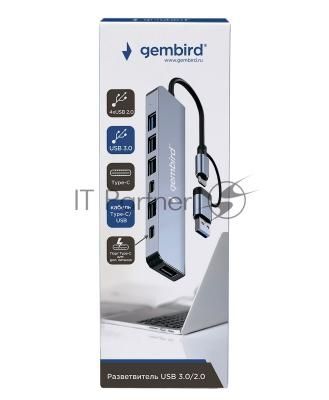 Разветвитель USB3.0/2.0 Gembird UHB-C445, USB3.0, 4хUSB2.0, Type-C, с доп.питанием (порт Type-C), кабель Type-C/USB 17см, алюминий, коробка