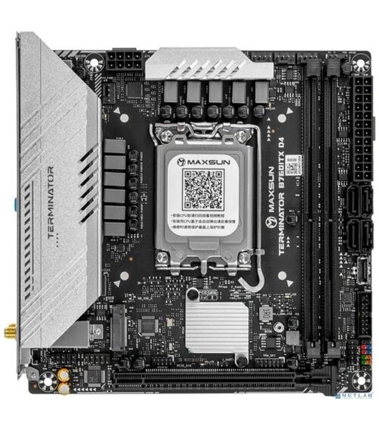 Материнская плата Maxsun Terminator B760ITX D4 WIFI V3, LGA 1700, Intel B760, 2xDDR4 (до 64 ГБ), 4xSATA, 2xM.2 (PCIe 4.0 x4), 1xPCIe 5.0 x16, 1xHDMI, 1xDP, 1x2.5Gb LAN, Wi-Fi 6E, Bluetooth 5.3, 1xUSB-C 20Gbps, 4xUSB-A 5Gbps, 4xUSB-A 2.0, 3x3.5 мм, 7.1, чё