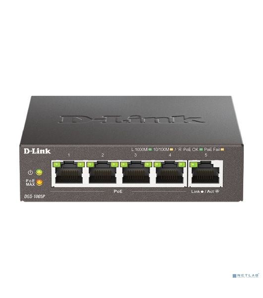 Неуправляемый коммутатор D-Link DGS-1005P/L (ревизия A1) с 5 портами 10/100/1000Base-T (4 порта PoE 802.3af/at, PoE-бюджет 60 Вт)