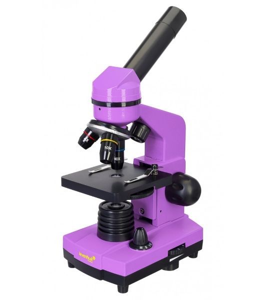 Микроскоп Levenhuk RAINBOW 2L AMETHYST/Аметист Микроскоп с предметным столиком, трехгнездным револьвером, фокусировочным механизмом, двумя источниками света с регулировкой яркости Монокулярная насадка Объективы: 4х, 10х, 40х, Увеличение микроскопа: 64-640