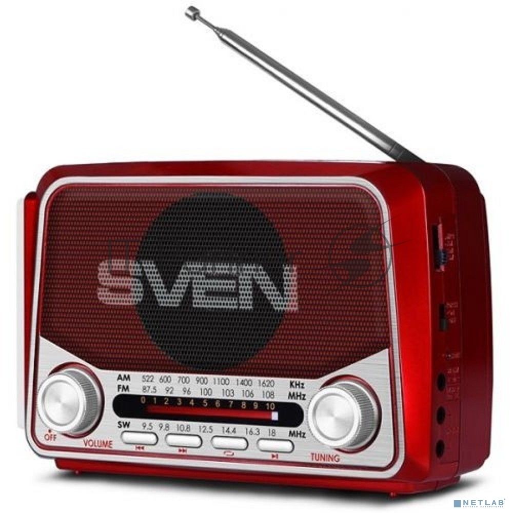 Радиоприемник АС SVEN SRP-525, красный (3 Вт, FM/AM/SW, USB, microSD, фонарь, встроенный аккумулятор)