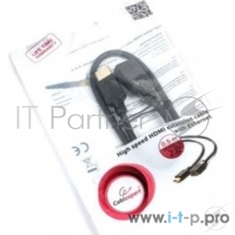 Кабель-удлинитель HDMI Cablexpert CC-HDMI4X-0.5M, 19M/19F, v2.0, позол.разъемы, экран, 0.5м, черный, пакет