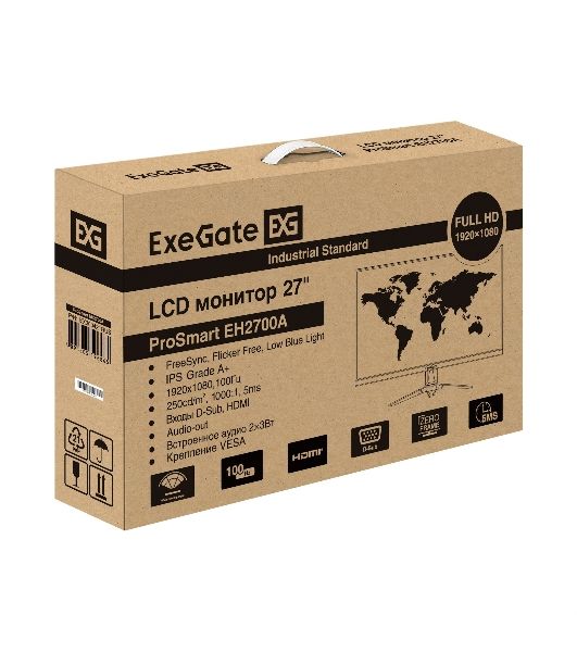 Монитор с аудио 27" 100 Гц ExeGate ProSmart EH2700A (IPS LED Grade A+, FHD, 1920x1080@100Hz, 16:9, 280cd/m2, 1000:1, 178°/178°, 5ms, Speakers, D-Sub, HDMI, audio-out, Flicker-free, FreeSync, Low Blue Light, HDMI cable 1.5m, VESA, регулировка наклона (tilt