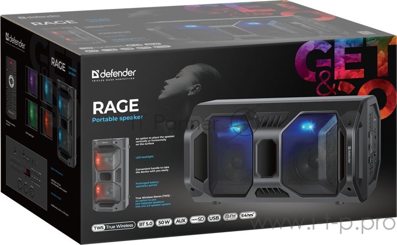 Портативная акустика Defender Rage 50 Вт Light/BT/FM/USB/LED/TWS черный