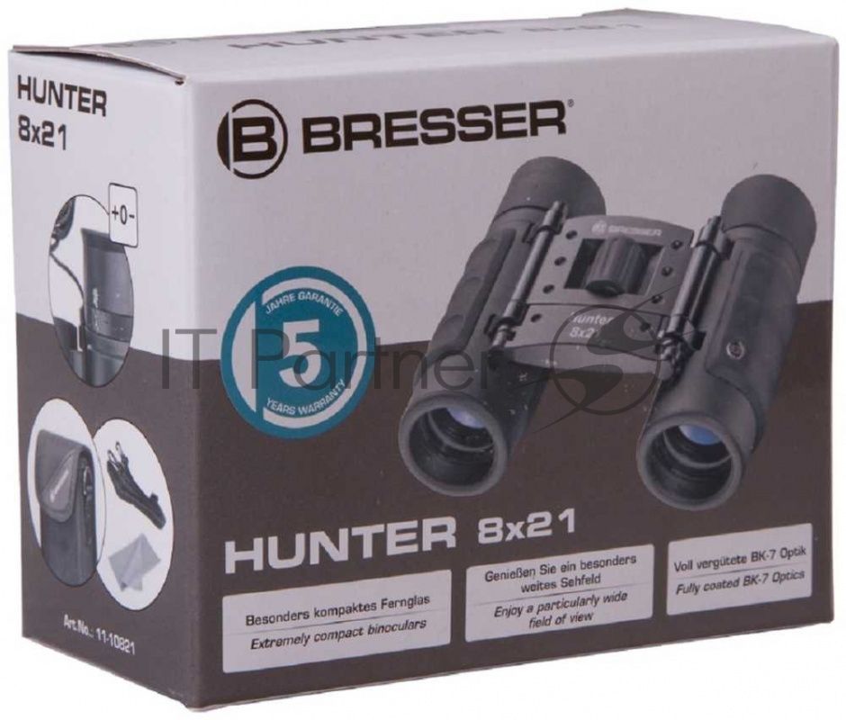 Бинокль BRESSER HUNTER 8X21(Оптич.сис-ма(призма)-Roof(c крышей),Покрытие линз-Полное, просветл,голубое;Мат-л призмы:BK-7; 8хкратн.увеличение; Диам.объект-21мм; Относ.яркость-6,89; Сумеречн.число-12,96; Поле зрения на удалении 1000м-126м;Размеры(90x100x33)