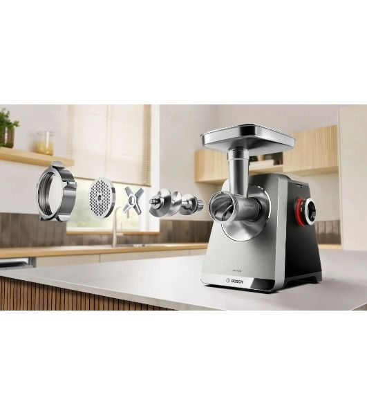 Мясорубка электрическая Bosch Series 8 MFWS835M черный, 2500 Вт, 4.5 кг/мин, реверс, защита от перегрузки, металлический лоток, насадки - 6