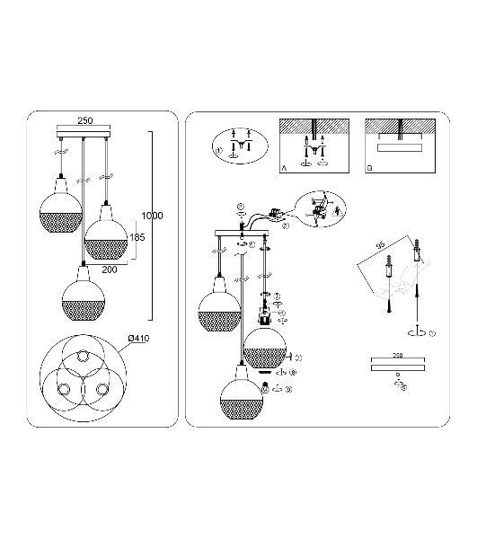 Светильник Ambrella light TR8505/3 BK/CP черный/медь E27/3 max 60W D410*1000