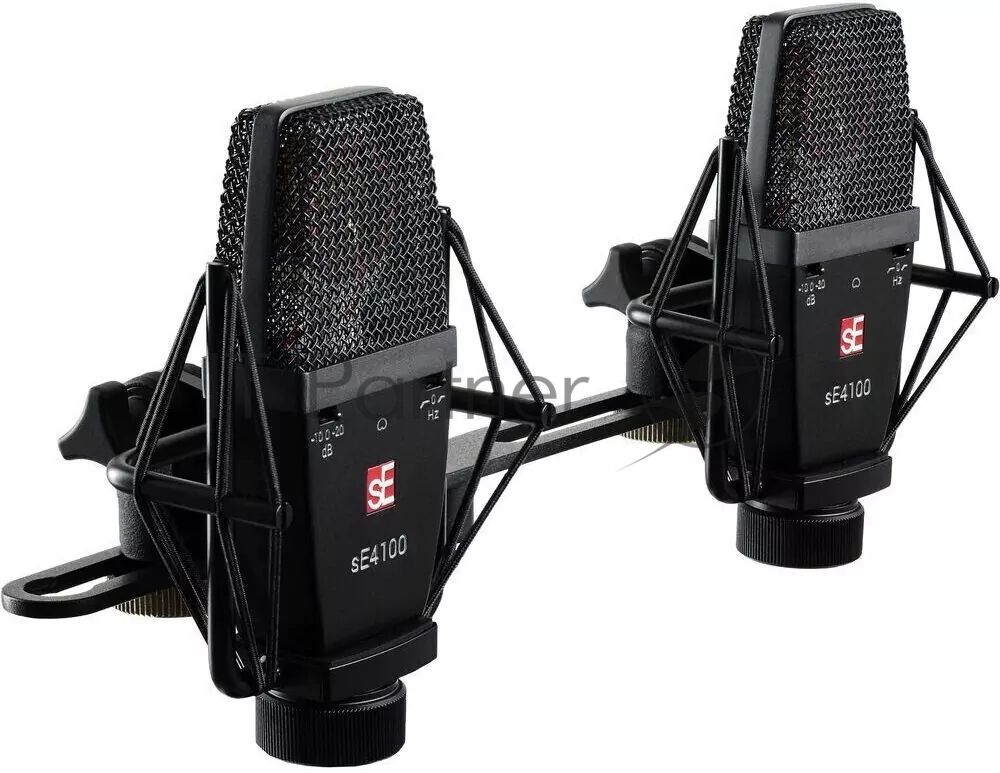Микрофон конденсаторный sE Electronics SE 4100 Pair подобранная пара универсальных студийных конденсаторных микрофонов с большой диафрагмой 1", 20 Гц - 20 кГц, кардиоида, комплектация: два держателя "паук", два резьбовых адаптера, планка для крепления