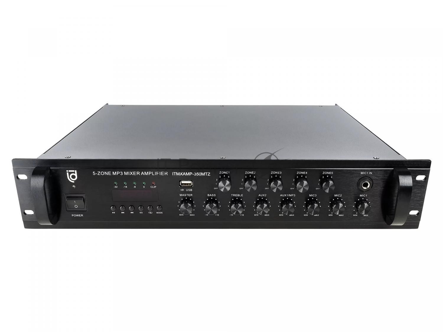 Микшер-усилитель Intrend ITMXAMP-350MTZ зональный, 5 зон. MP3, FM-тюнер, USB, Bluetooth, 3хMic/2хLine входы, 1хLine выход, 350 Вт, 4-16 Ом/100V, IR-пульт в комплекте
