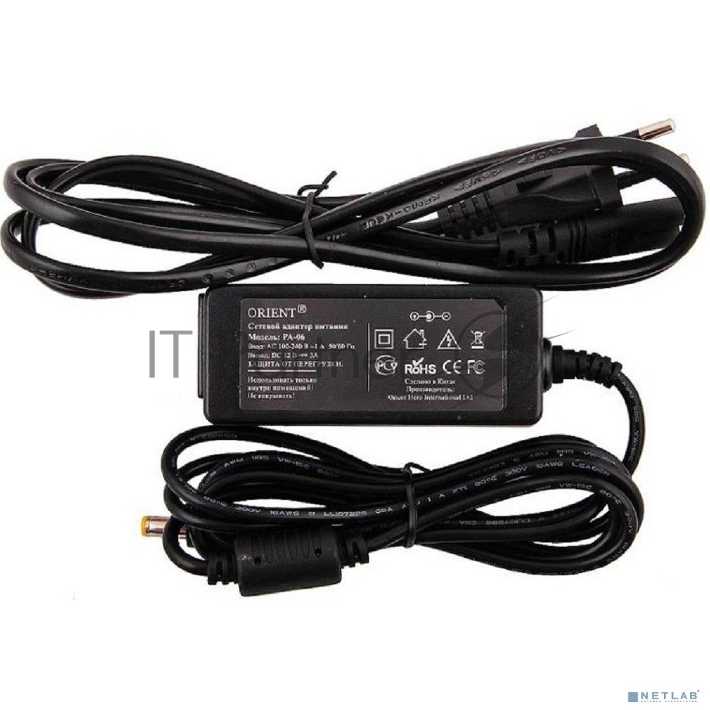 Блок питания ORIENT PA-06, OUTPUT: 12V DC 3A, защита от КЗ и перегрузки (Imax~3.8-4.1A)