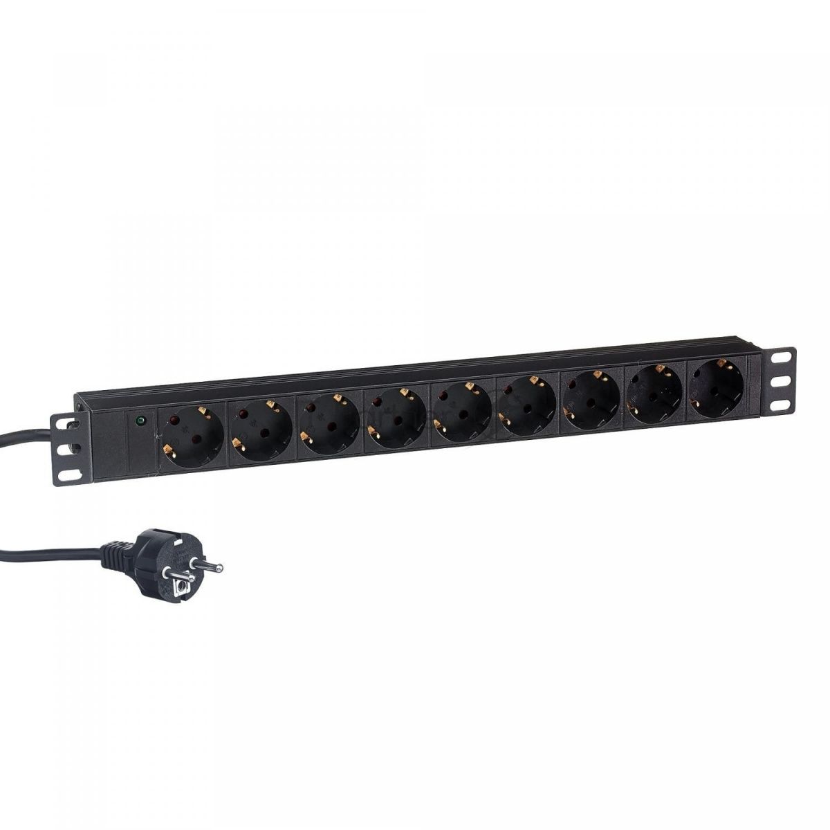 Блок розеток горизонтальный ExeGate ServerPro PDU-19H902 Al-9S-EU1.8, 19", 1U, Алюминий, 9 Schuko, кабель с евровилкой VDE-250V-16A-3*1.5мм2, 1.8 метра, черный