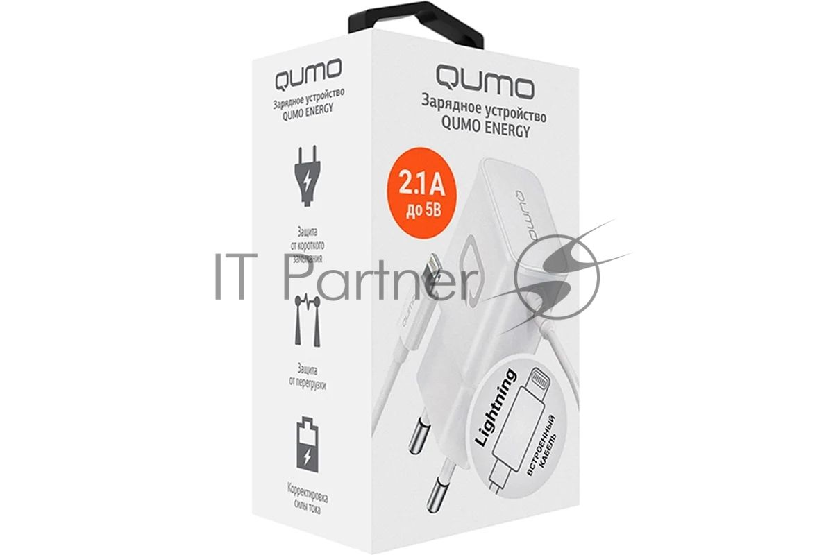 Сетевое зарядное устройство Qumo Energy (Charger 0026) 2.1A, встроенный кабель Lightning 8 Pin, белый