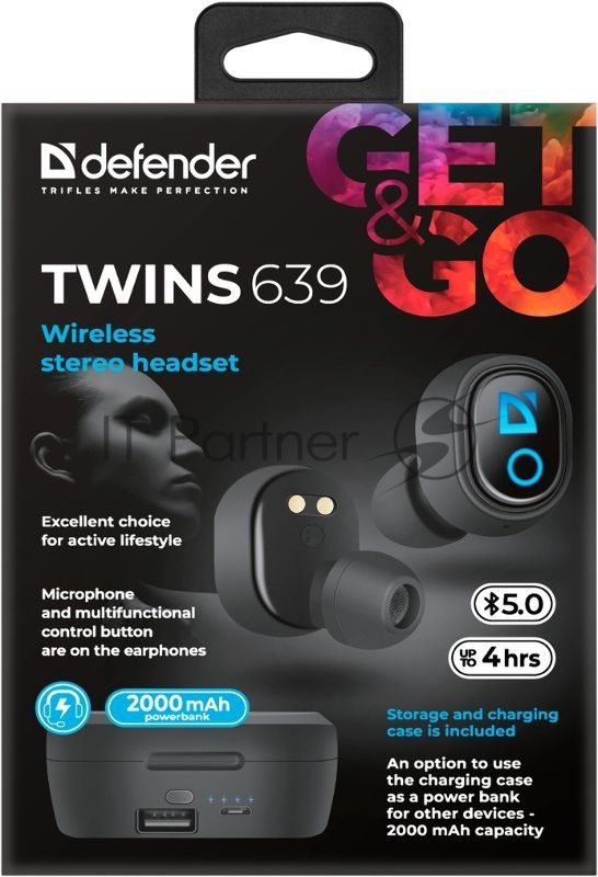 Наушники TWS Defender Twins 639 черный, внутриканальные, Bluetooth, до 4 ч