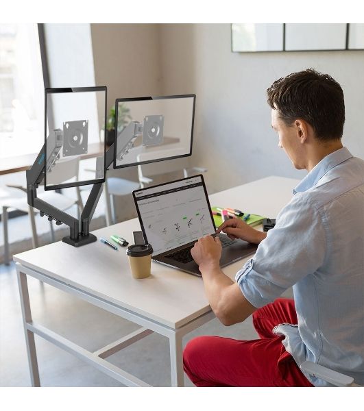Кронштейн Kromax OFFICE-14 черный, 4 шт/уп. Кр. стал. настол. для 2-х мон. 15"-32", max 2x10 кг, 6 ст. св., нак. +90° -45°, пов. 180°, max VESA 100x100