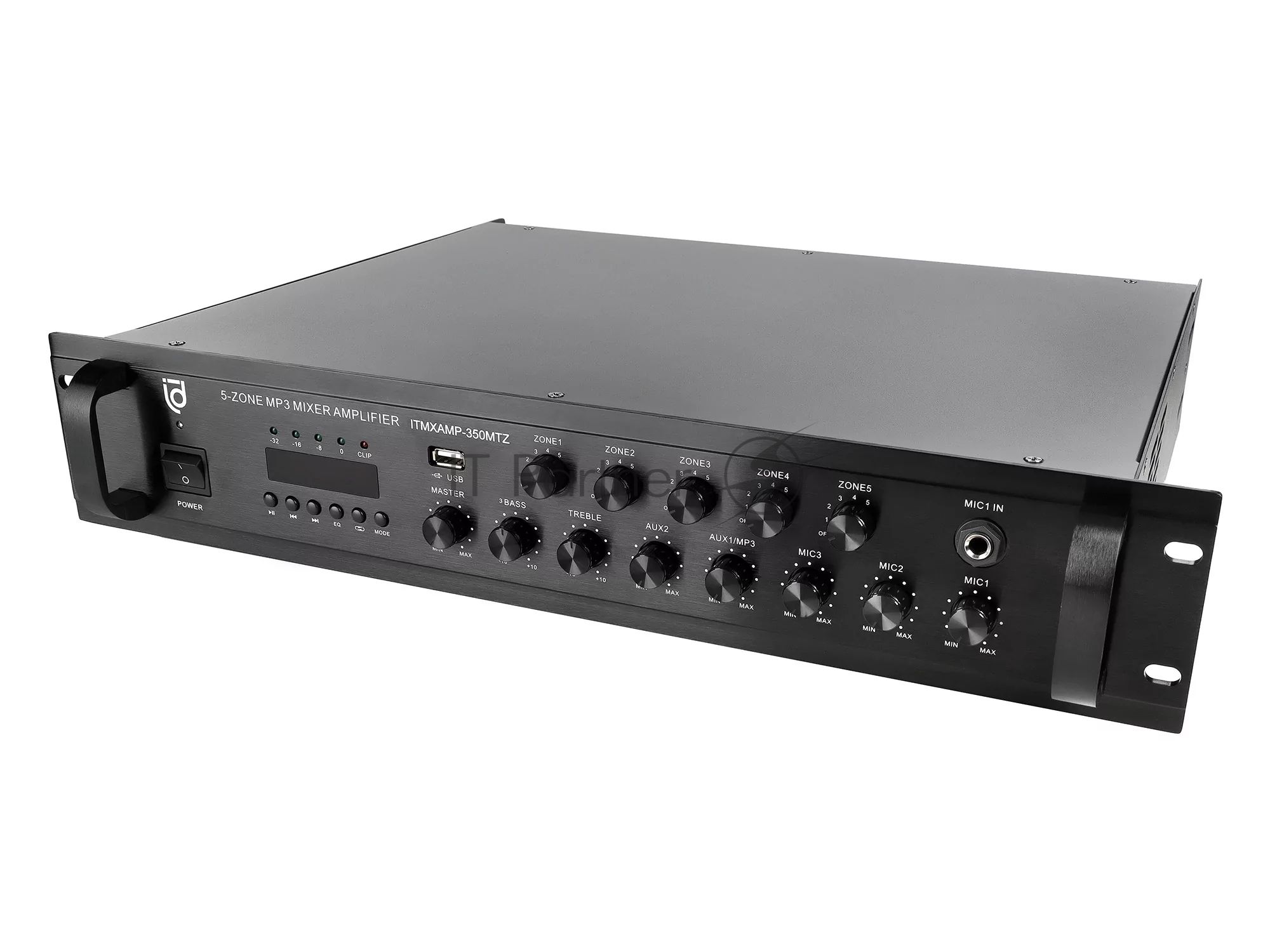 Микшер-усилитель Intrend ITMXAMP-350MTZ зональный, 5 зон. MP3, FM-тюнер, USB, Bluetooth, 3хMic/2хLine входы, 1хLine выход, 350 Вт, 4-16 Ом/100V, IR-пульт в комплекте