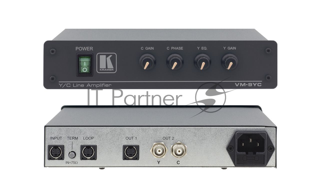 Усилитель-распределитель Kramer Electronics VM-9YC Линейный 1:2 сигналов S-video (разъемы 4-pin и BNC) c регулировкой фазы, уровня и АЧХ, 320 МГц