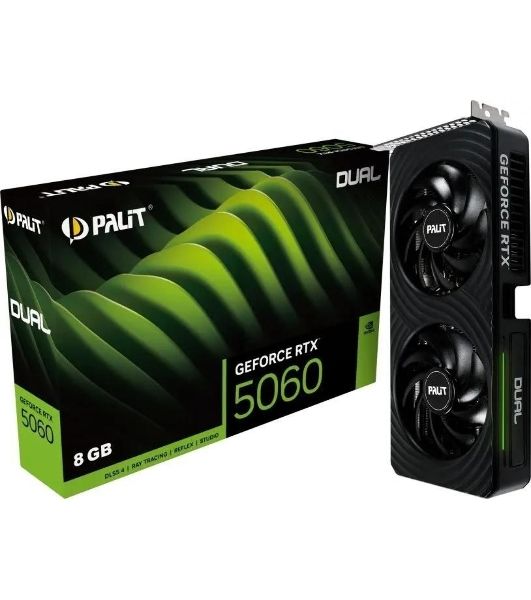 Видеокарта Palit RTX 5060 DUAL NV RTX 5060 8Gb 128bit GDDR7 2280/28000/HDMIx1/DPx3/HDCP Ret NE75060019P1-Gb2063D PCI-E 5.0